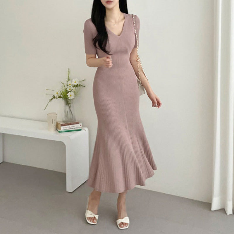 【Dress】大人シンプル無地vネック半袖マーメイドワンピース Z-5672