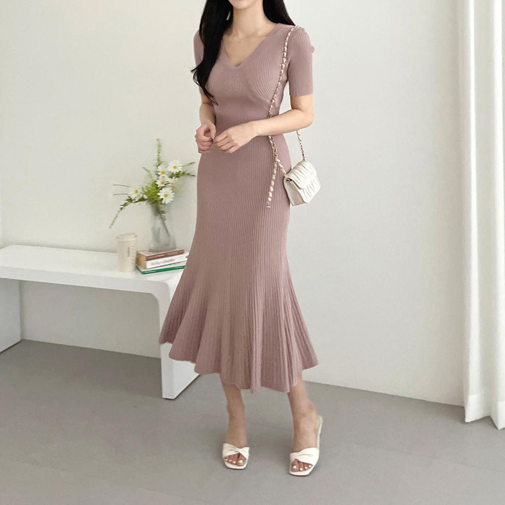 【Dress】大人シンプル無地vネック半袖マーメイドワンピース Z-5672