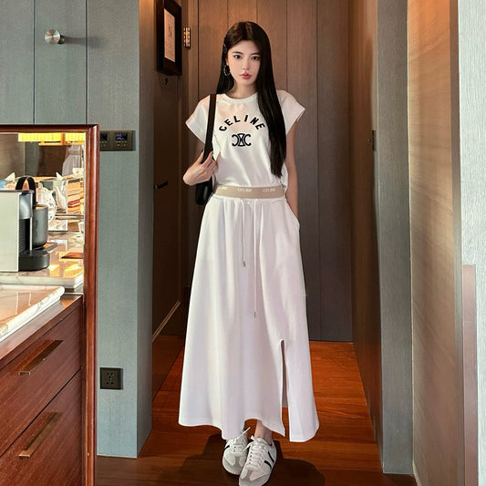 【Set】プリントTシャツ + スリットスカート2点セット T01478