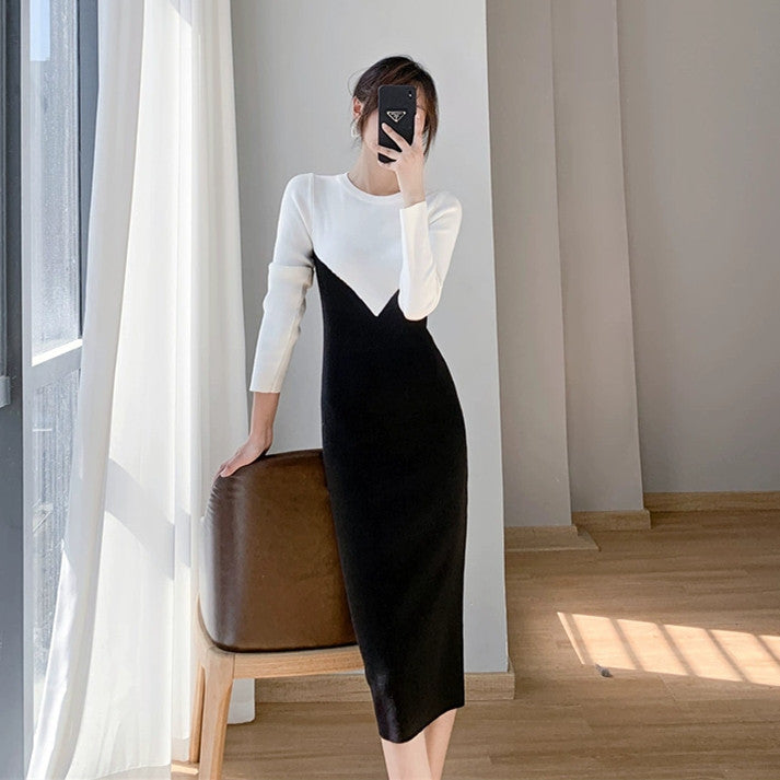 【Dress】2色配色ニットワンピース W9677