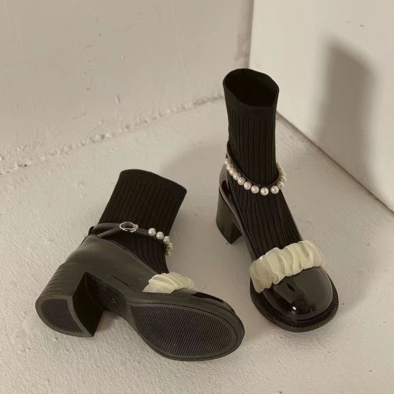 【Shoes】人気ニット切替ショートブーツ Z-5978