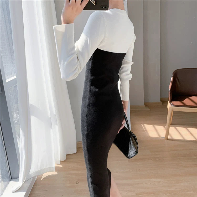 【Dress】2色配色ニットワンピース W9677