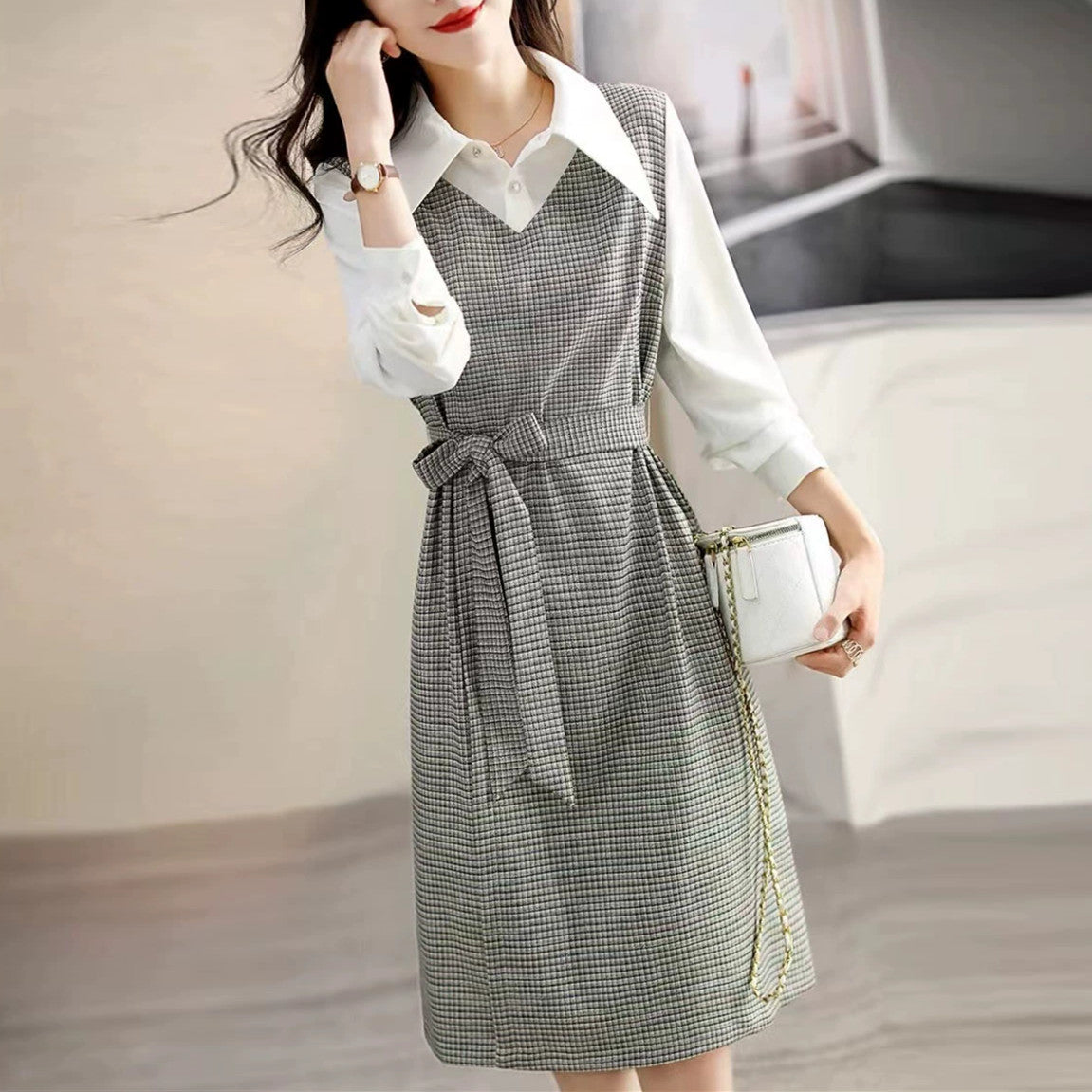 【Dress】新入荷フェイクレイヤードシャツワンピース W8633