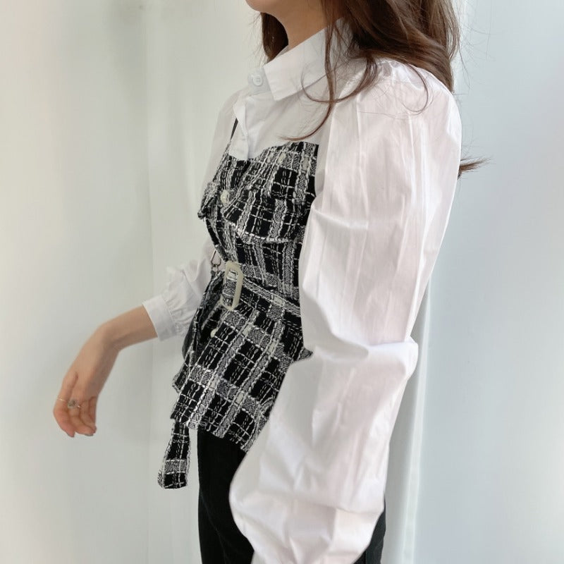 【Tops】韓国ファッション人気フェイクレイヤードツイード調きれいめ春秋ブラウス Z-4711