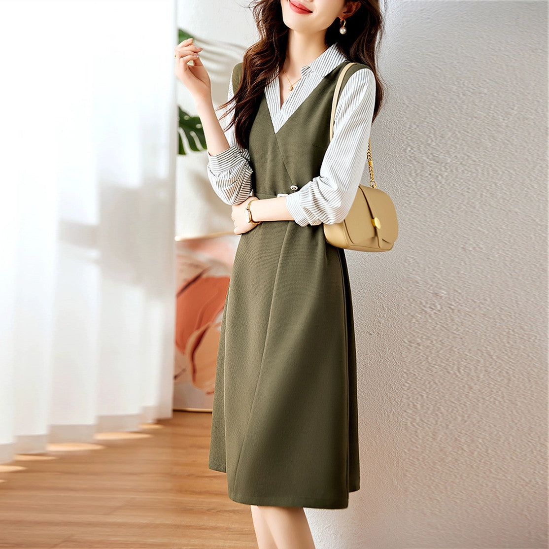 【Dress】新入荷フェイクレイヤードワンピース W8434