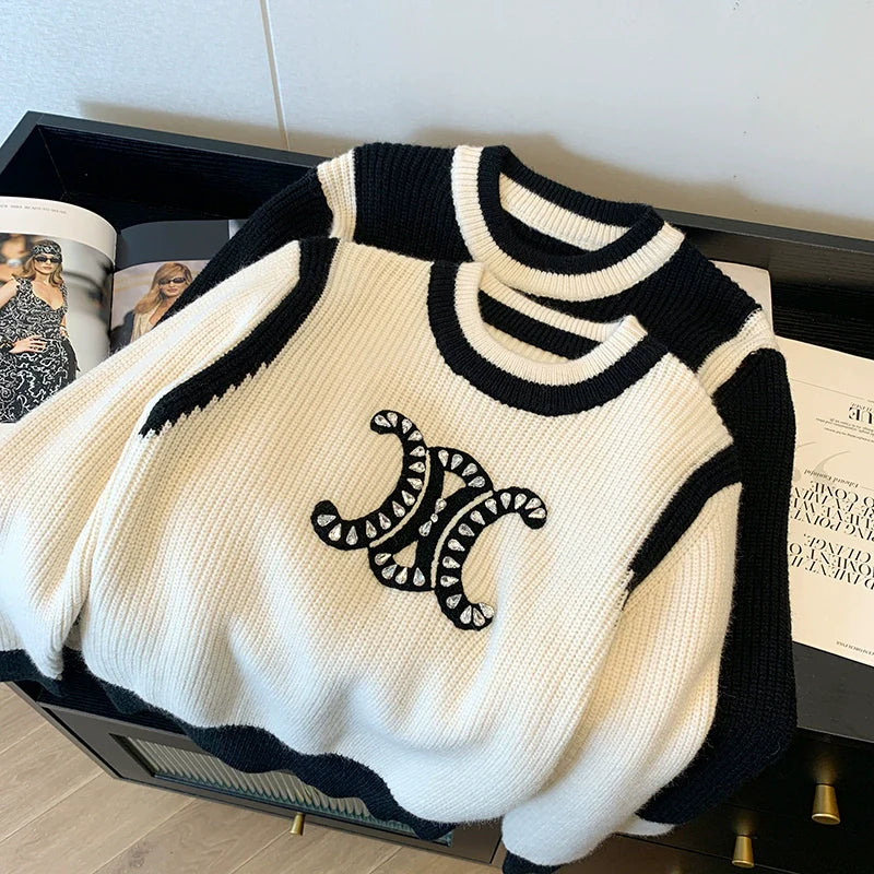 【Tops】ラウンドネック配色ニット W9952