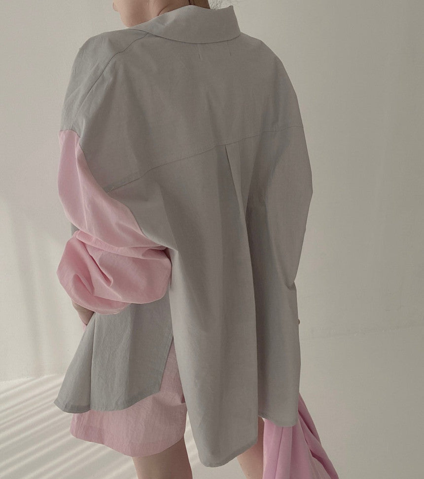 【Tops】4色展開配色シャツ W11765