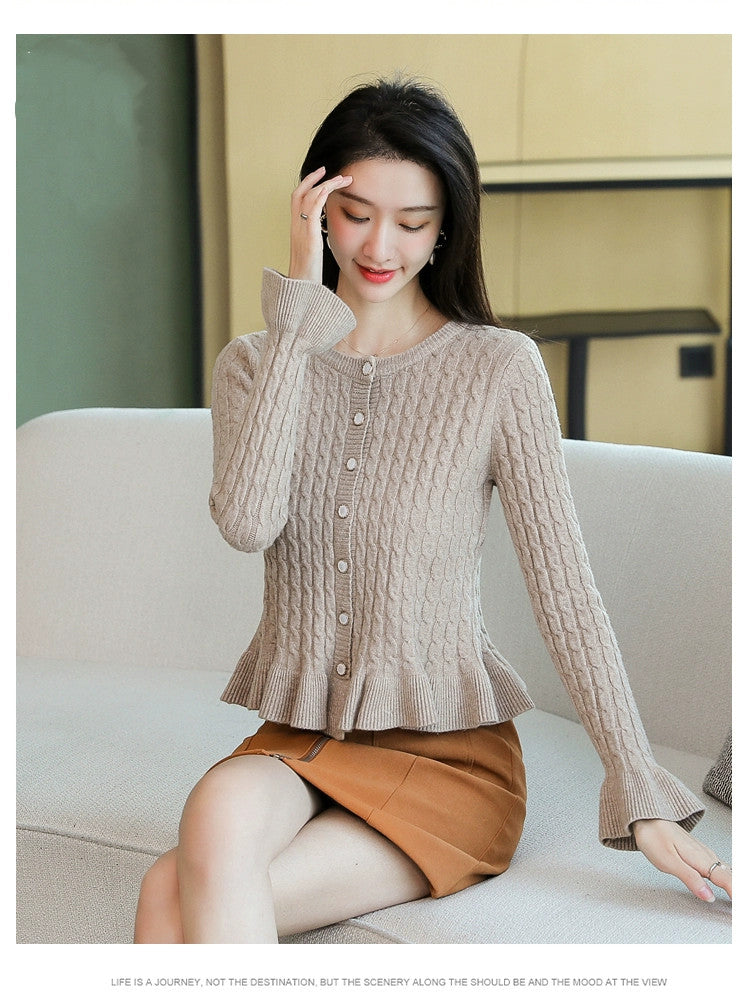 【Outer】全7色フリルニットカーディガン W8128