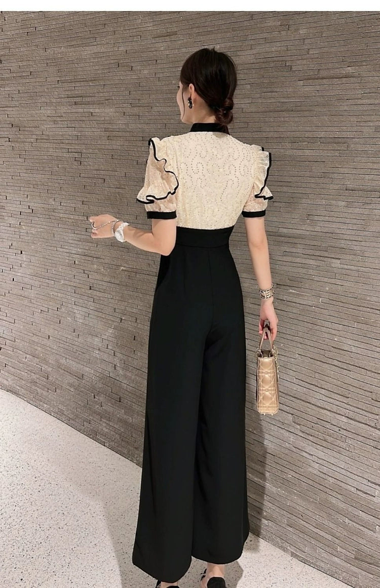 【Set】質感のいい~レース切替半袖オールインワンつなぎ服 W7438