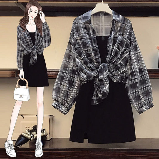 【Set】チェック柄シャツ + キャミワンピース重ね着2点セット   Z-2403