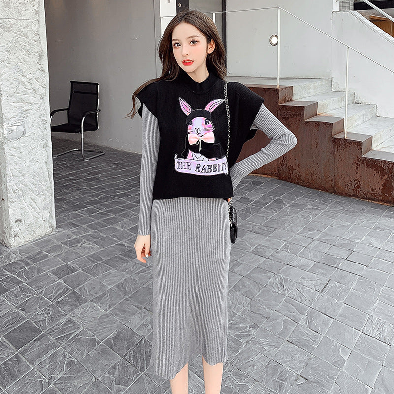 【Set】可愛い🐇ウサギプリント付きニットベスト +ロング丈ニットワンピース秋冬重ね着2点セット Z-4455