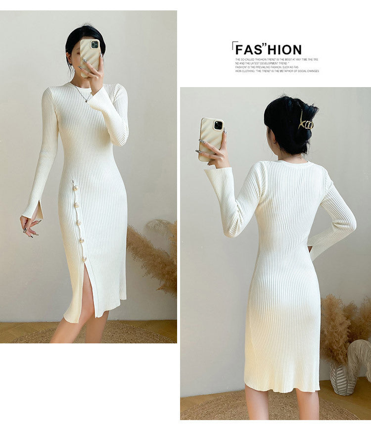 【Dress】3色スリット入りニットワンピース W9714