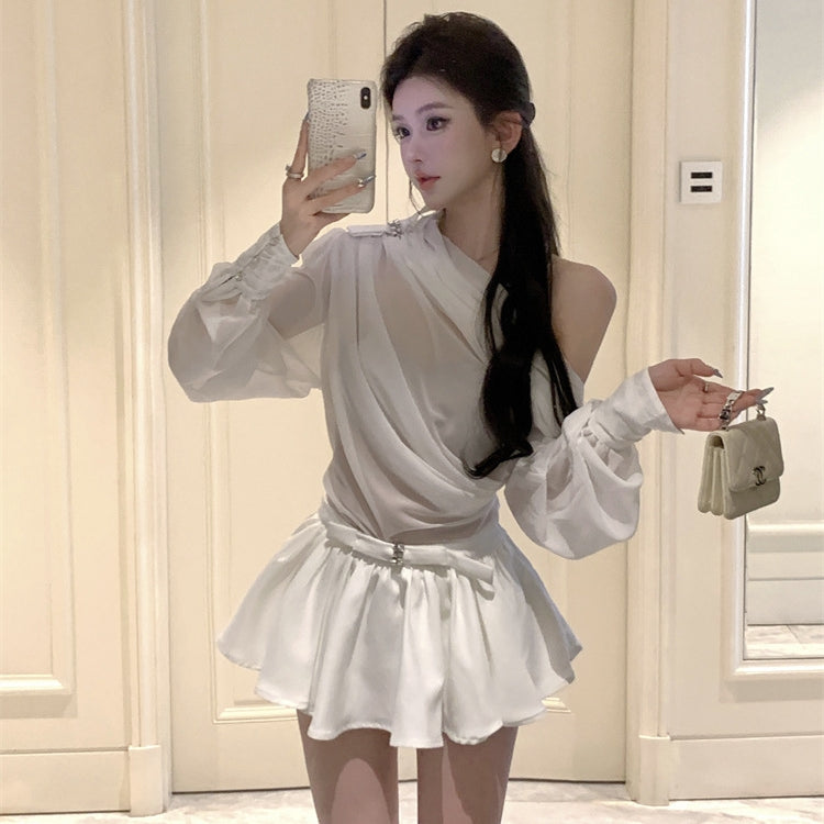 【Set】リボン付きトップス+ミニスカートセット T01383