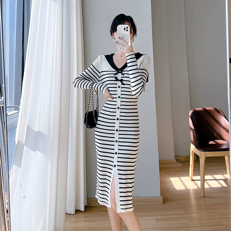 【Dress】ボーダー柄ニットワンピース W8506