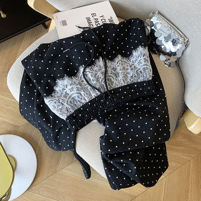 【Bottoms】レース切り替えドット柄パンツ T01371