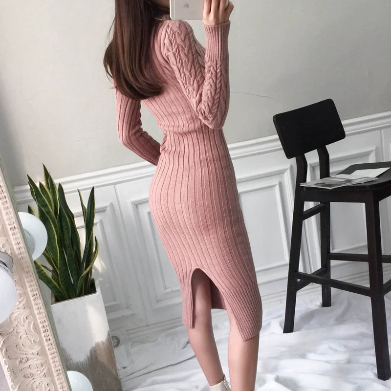 【Dress】4色展開ハイネックタイトニットワンピース W7969