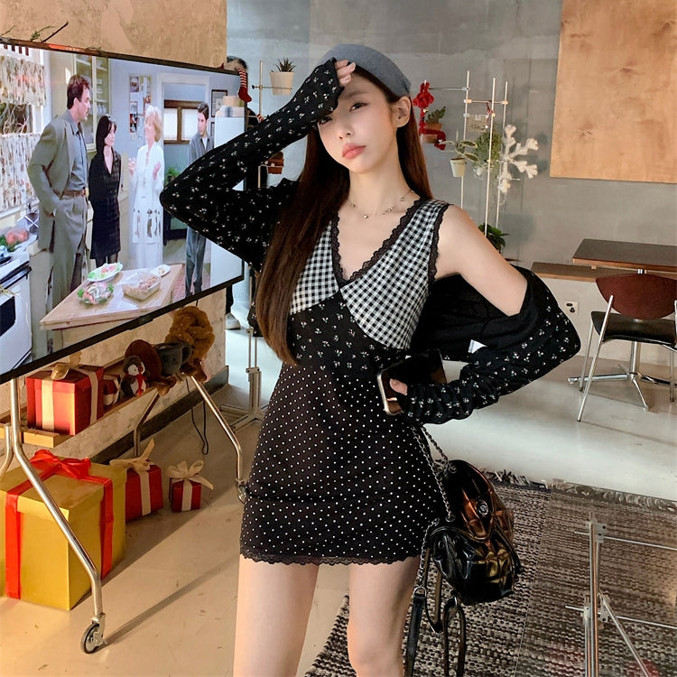 【Set】花柄カーディガン+切り替えワンピース2点セット T01360