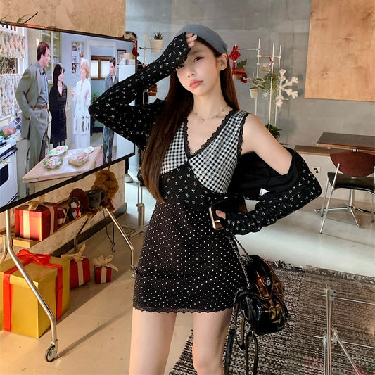 【Set】花柄カーディガン+切り替えワンピース2点セット T01360