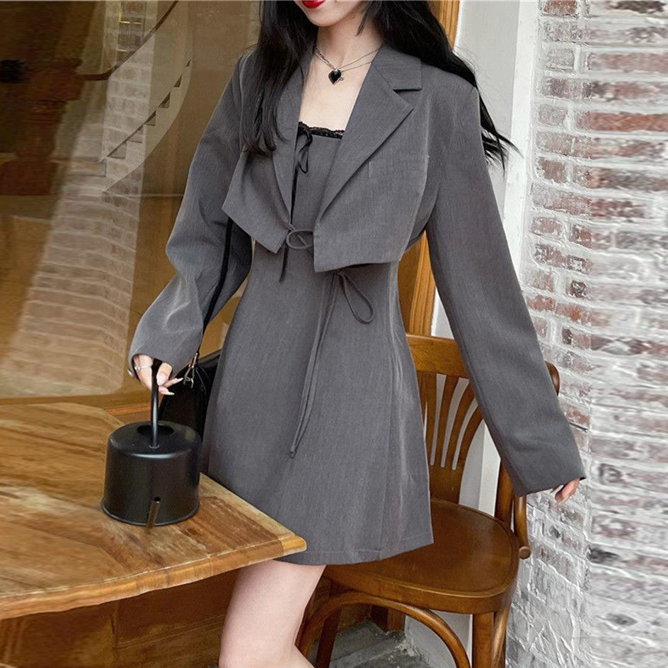 【Set】低身長方おすすめ2点セット 長袖コート + キャミソールワンピース W7655