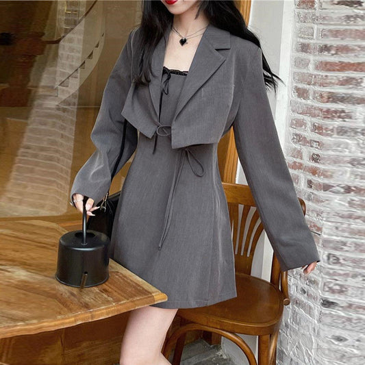 【Set】低身長方おすすめ2点セット 長袖コート + キャミソールワンピース    W7655