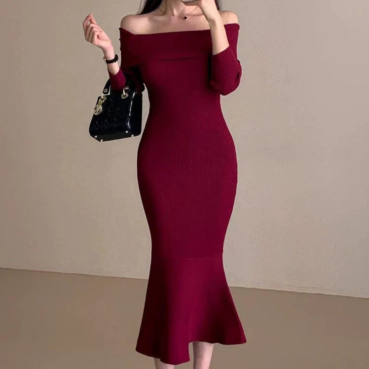 【Dress】オフショルダーマーメイドワンピース W8194