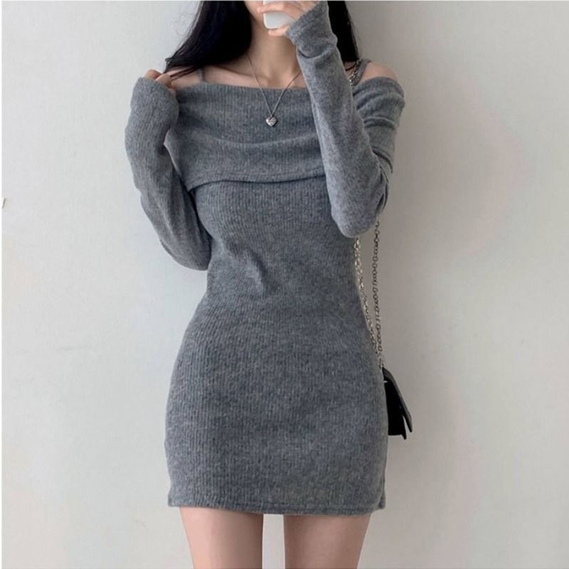 【Dress】オフショルダーニットワンピース W8152