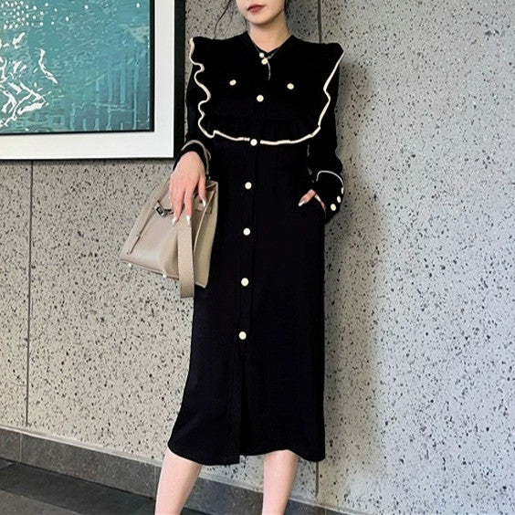 【Dress】フリル配色ロング丈ニットワンピース W7984
