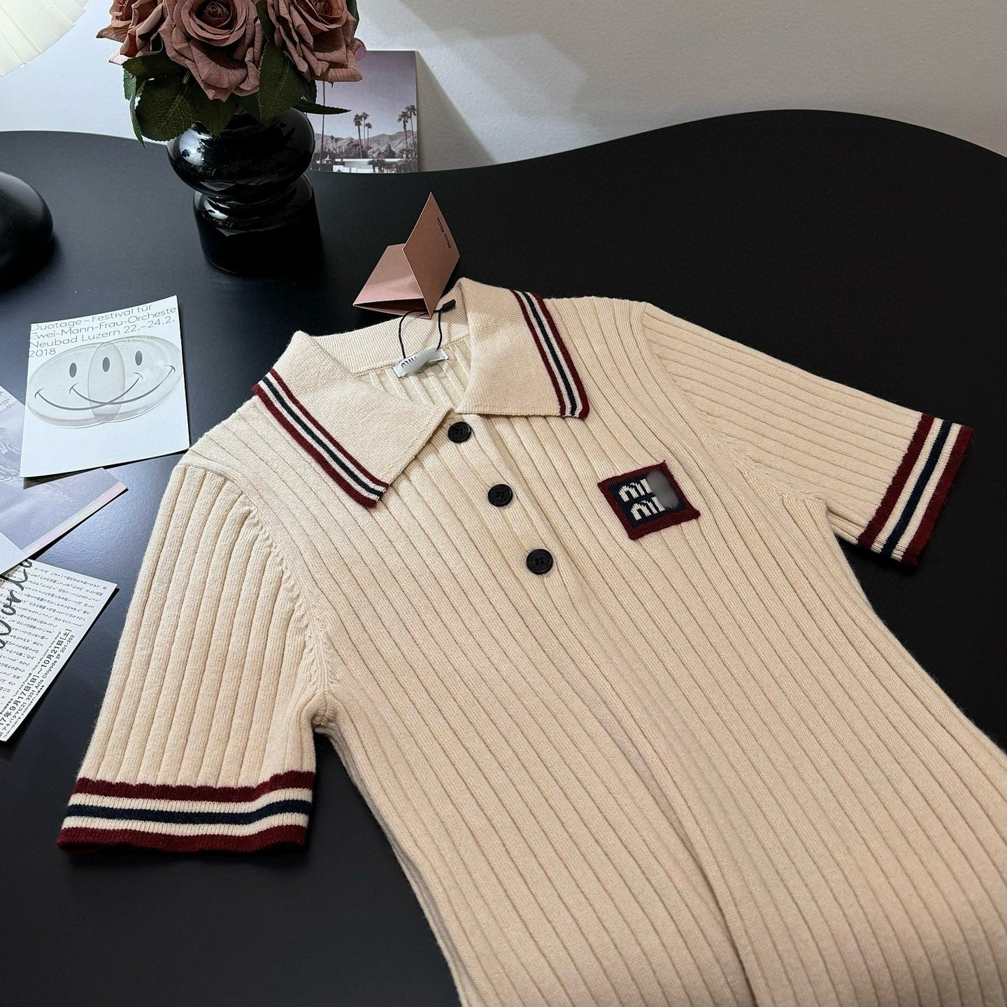 【Tops】POLOネック半袖ニット W11971