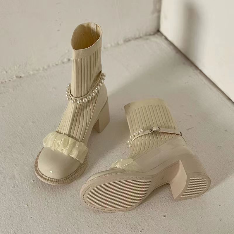 【Shoes】人気ニット切替ショートブーツ Z-5978