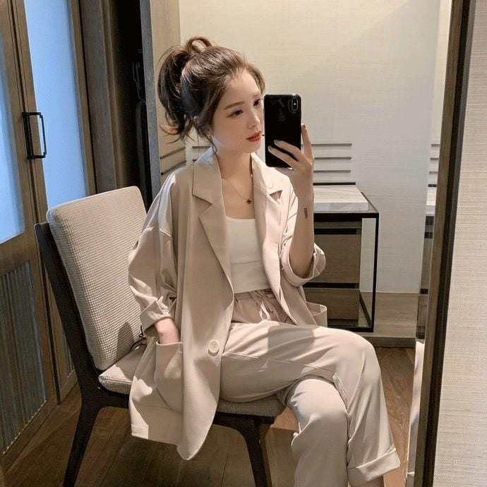 【Set】大活躍間違いなし!レディースファッション無地通勤2点セットテーラードジャケット+パンツR-0342