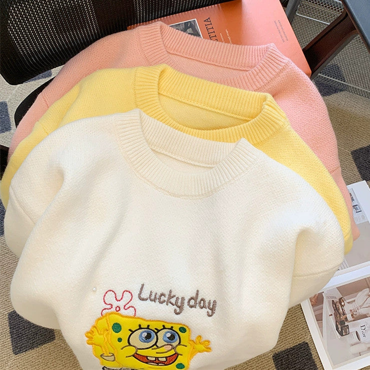 【Tops】人気ルーズ感刺繍ニット W9663