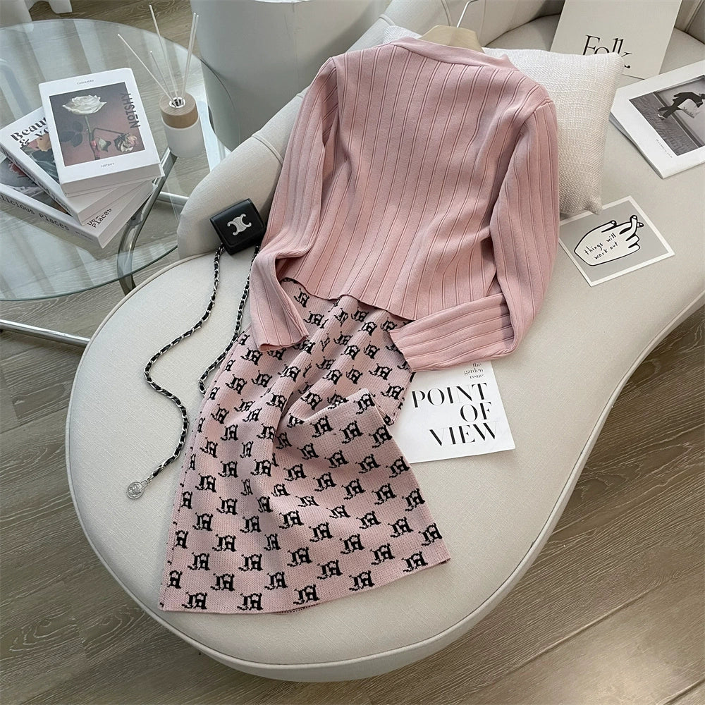 【Set】カーディガン+ キャミワンピ重ね着セット W11139