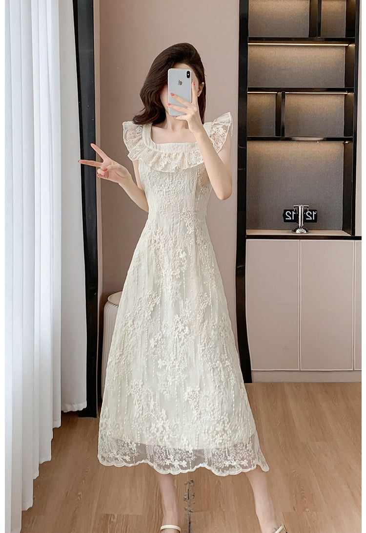 【Dress】レース刺繍のフリルドレス T01608