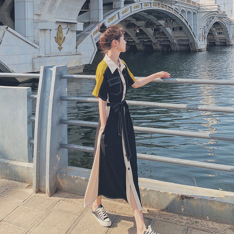 【Dress】着回し抜群~レディース配色ハイウエストAライン半袖マキシ丈シャツワンピース Z-3001