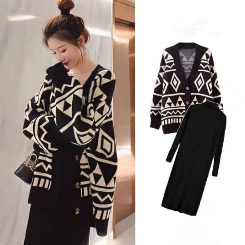 【Set】ニットセット カーディガン+ワンピース W9561