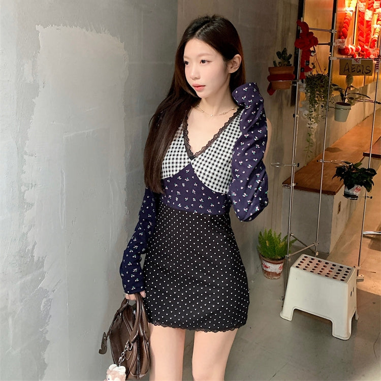 【Set】花柄カーディガン+切り替えワンピース2点セット T01360