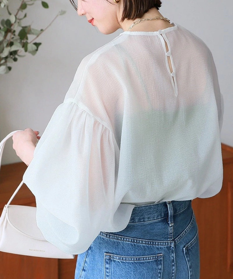 【Tops】2色展開透け感シャツ W11861
