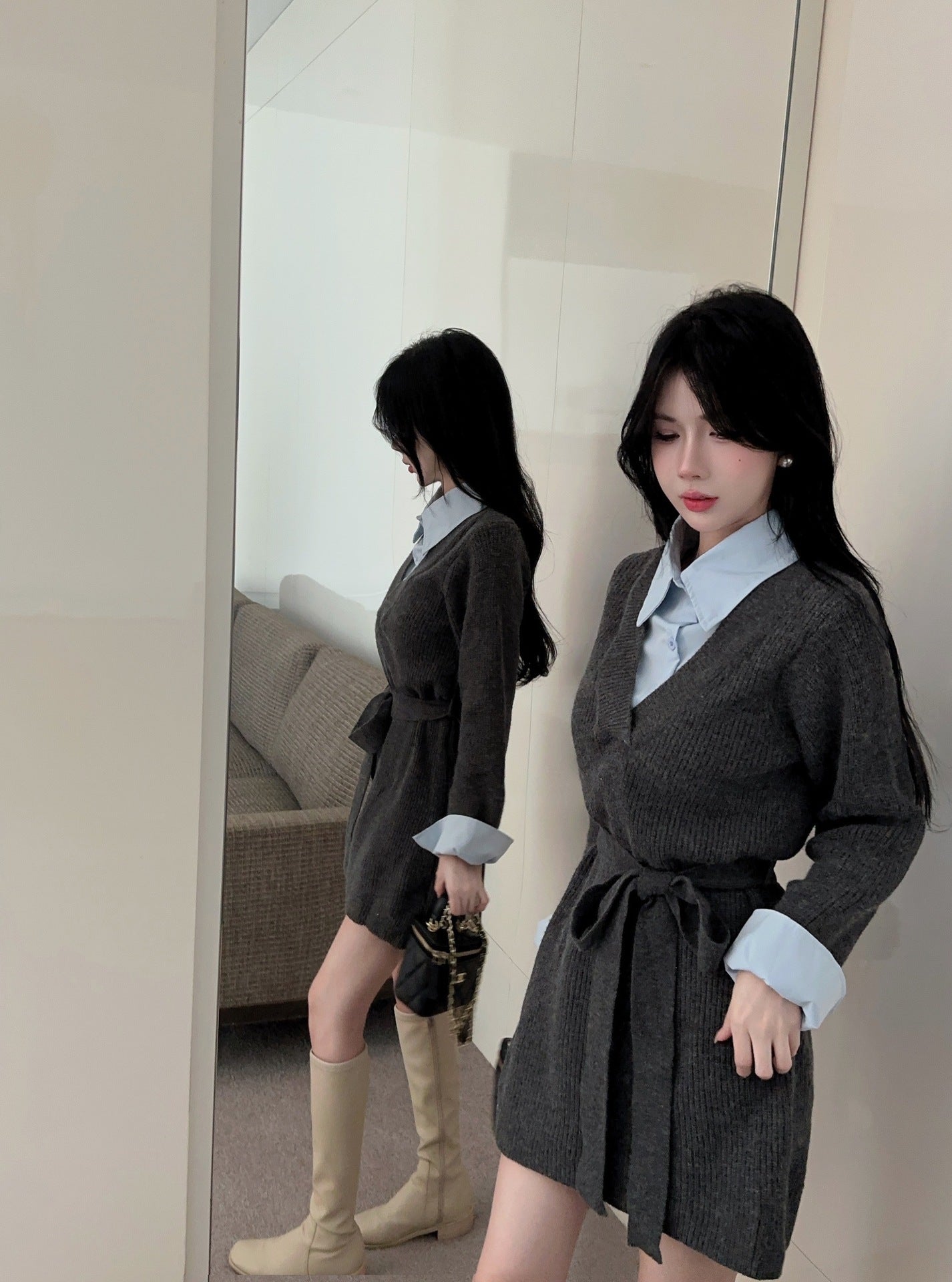【Dress】フェイクレイヤードニットワンピース W14432