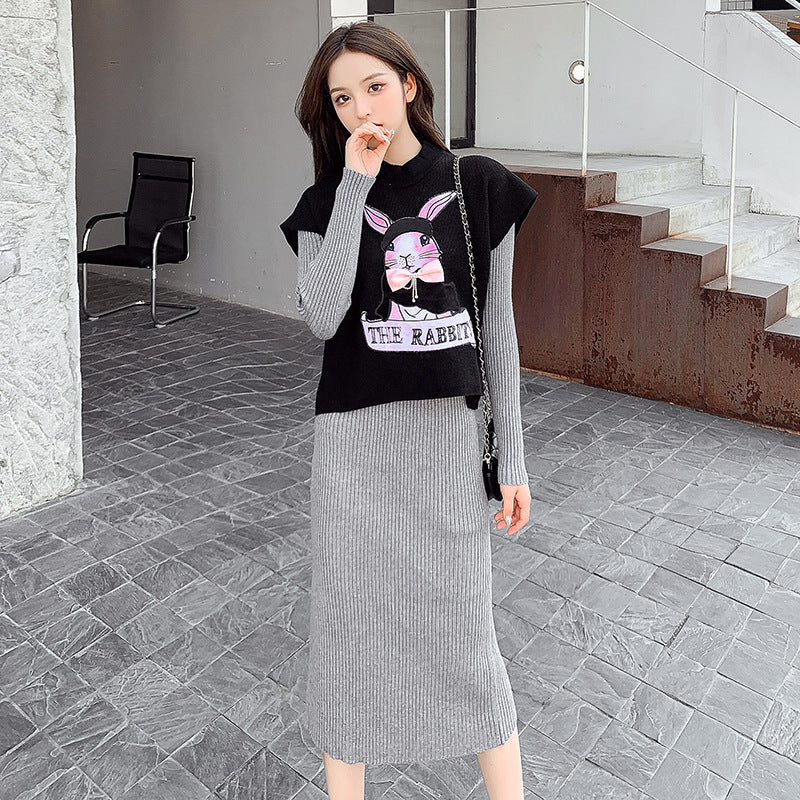 【Set】可愛い🐇ウサギプリント付きニットベスト +ロング丈ニットワンピース秋冬重ね着2点セット Z-4455