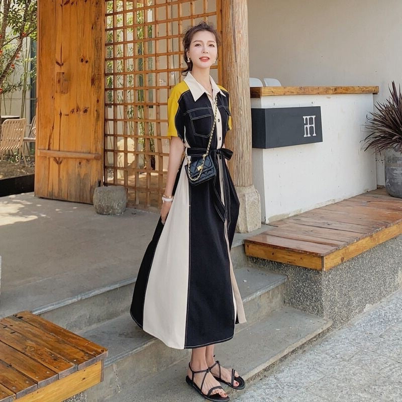 【Dress】着回し抜群~レディース配色ハイウエストAライン半袖マキシ丈シャツワンピース Z-3001