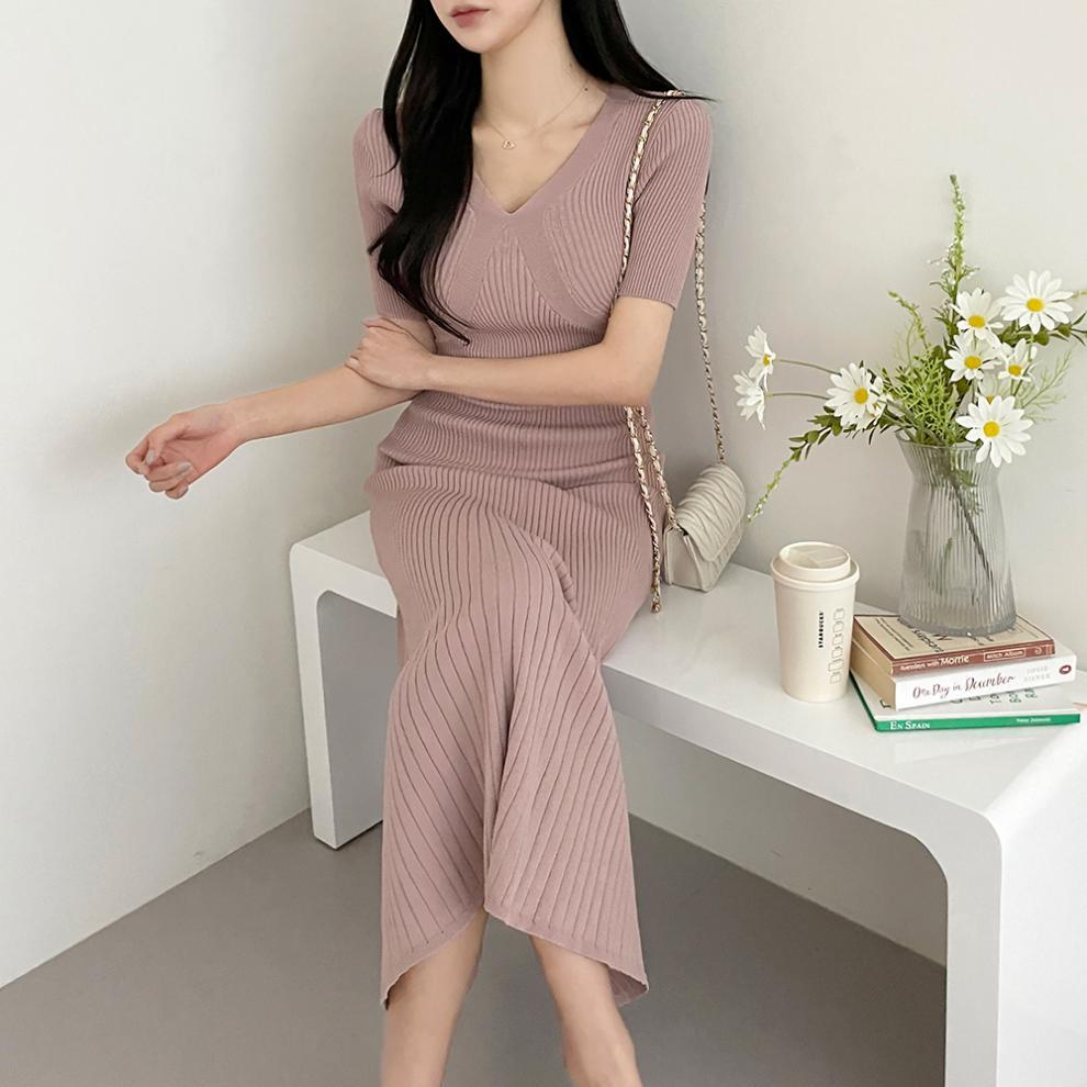 【Dress】大人シンプル無地vネック半袖マーメイドワンピース Z-5672