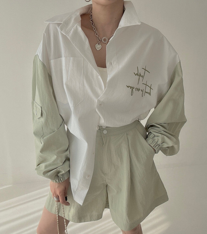 【Tops】4色展開配色シャツ W11765