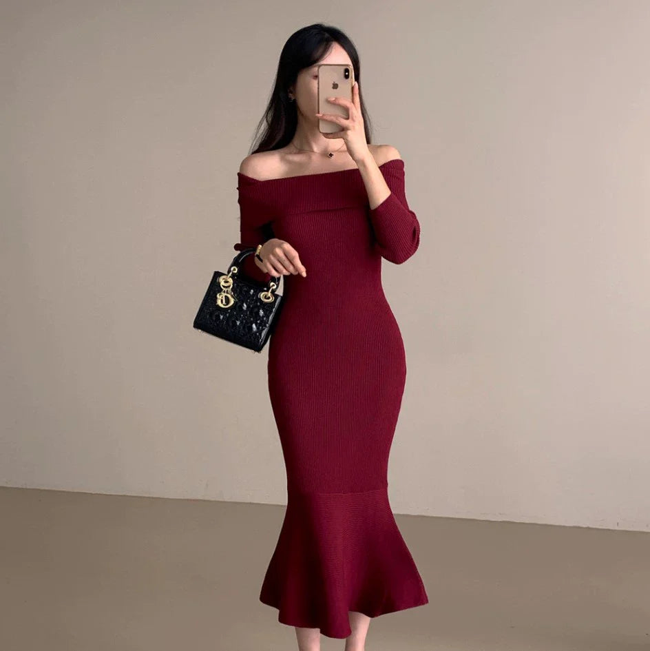 【Dress】オフショルダーマーメイドワンピース W8194