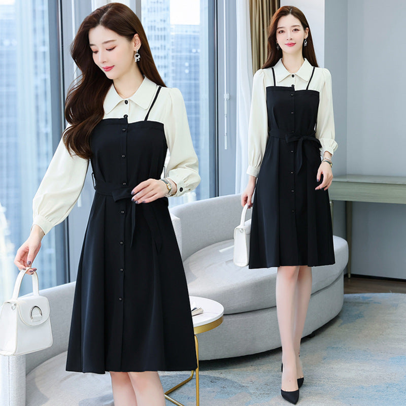 【Dress】フェイクレイヤードシャツワンピース W8162