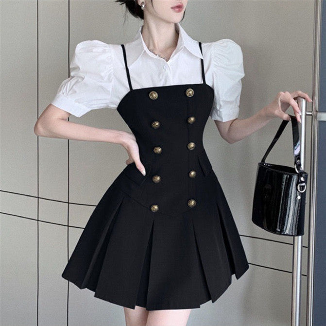 【Set】低身長方レイヤード2点セット シャツ +キャミソールワンピース W7590