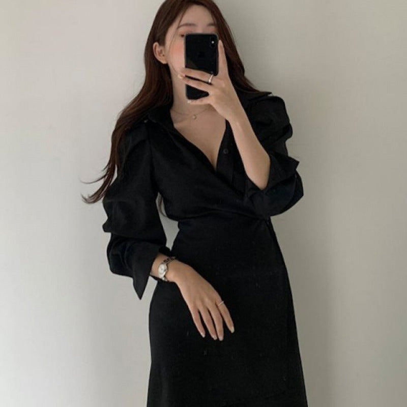 【Dress】韓国ファッションins風イレギュラー春秋ハイウエスト着痩せシャツワンピース2色選択可 Z-4744