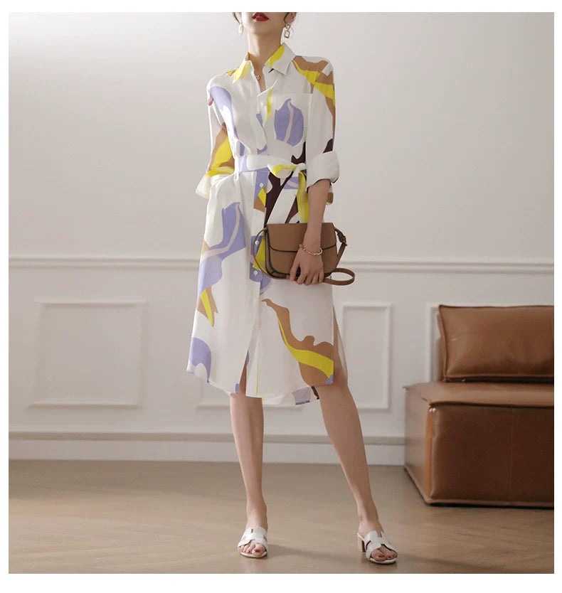 【Dress】高見え効果~ウエスト絞りプリントAライン半分袖シャツワンピース W-6225