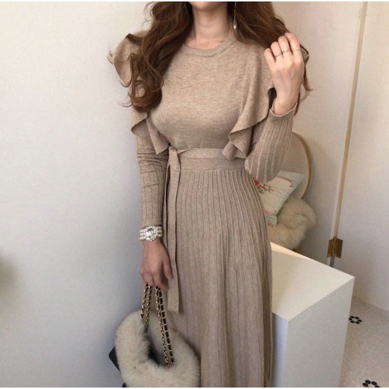 【Dress】レトロ風フリルニットワンピース W7944