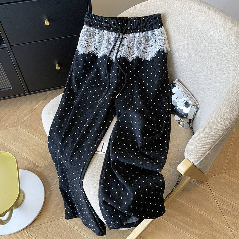 【Bottoms】レース切り替えドット柄パンツ T01371
