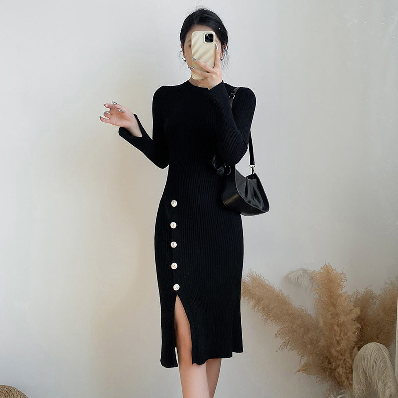 【Dress】3色スリット入りニットワンピース W9714